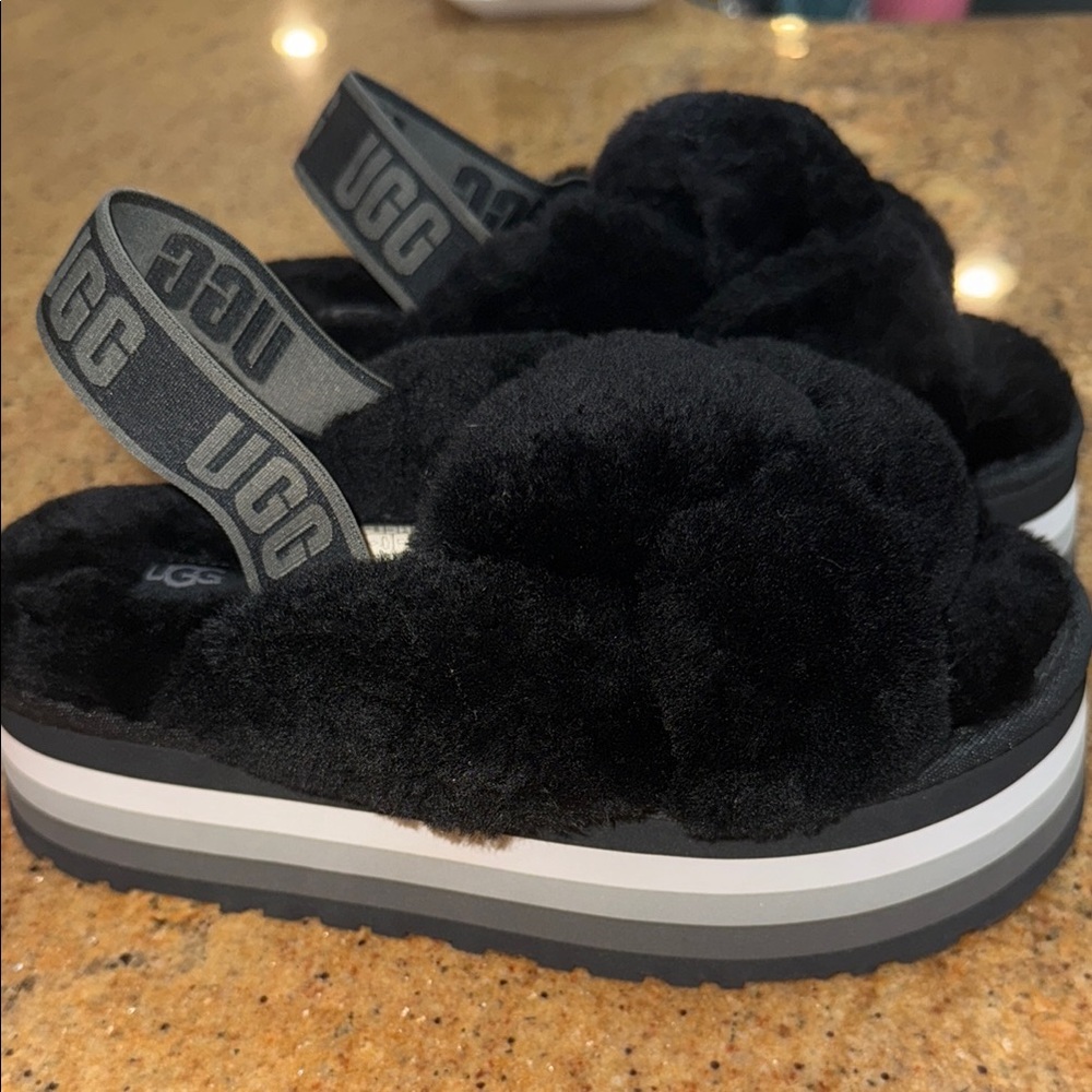 UGG Black Plush Platform Sandals